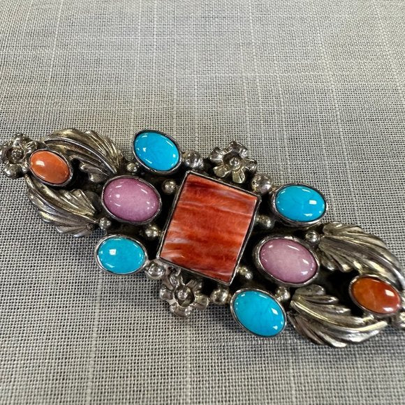 Vintage 1970s Native American Sterling Silver and Gem Stone Brooch