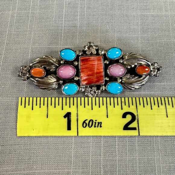 Vintage 1970s Native American Sterling Silver and Gem Stone Brooch