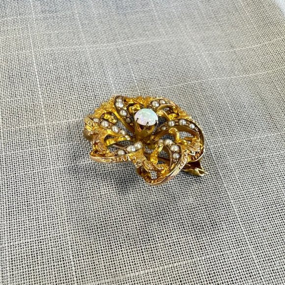Antique Victorian Gold Opal and seed Pearl Pinwheel Flower Brooch