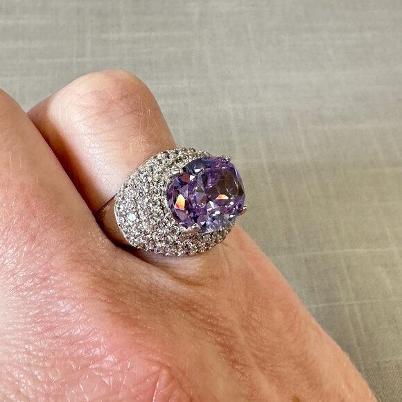 Tanzanite and CZ stones Silver Halo Ring