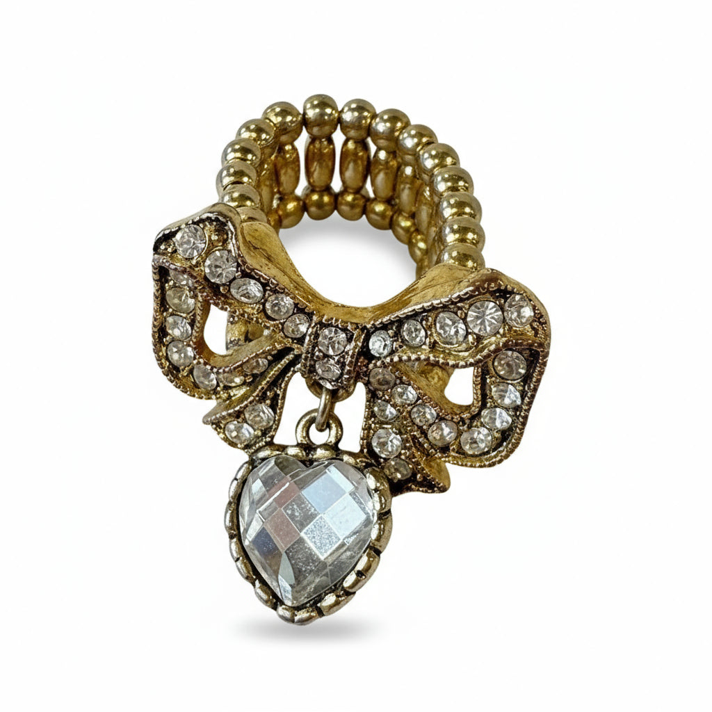 Vintage Betsey Johnson Bow with Rhinestones and Heart Stretch Ring