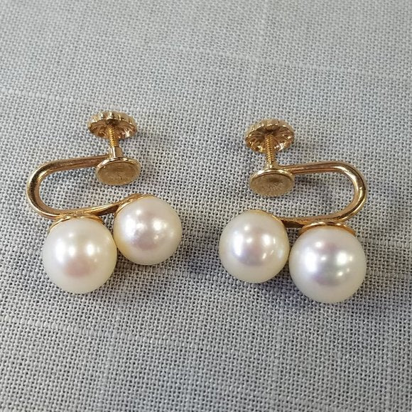 Vintage Double Cultured Pearl and 14K Gold clip-on earrings
