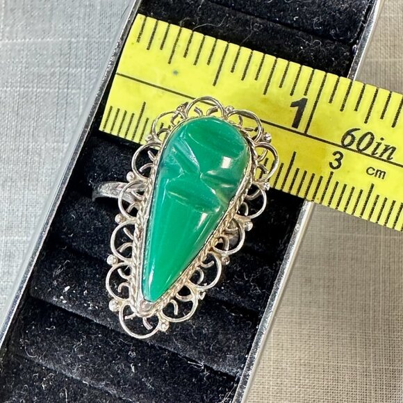 Vintage Mexico Sterling Silver and Green Onyx Teardrop Mask Ring size 7