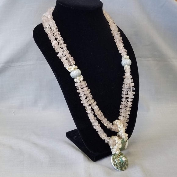 Vintage Rare Pink Quartz Necklace with Turbo Green Shell Pendants