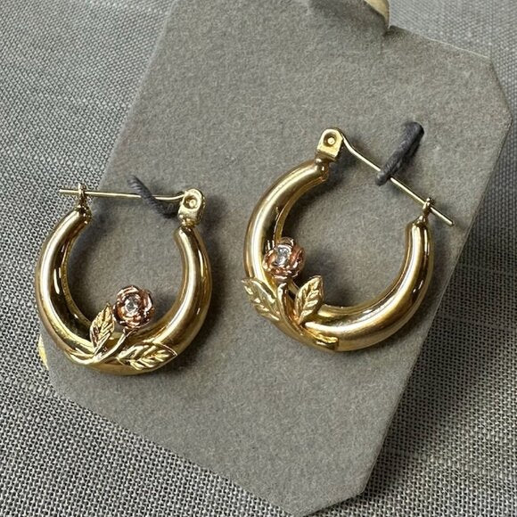 Vintage 14K Gold Hoop Earrings with Roses and Diamond Accent