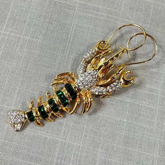 Vintage Articulated Lobster Crayfish Emerald and Clear Crystal Brooch