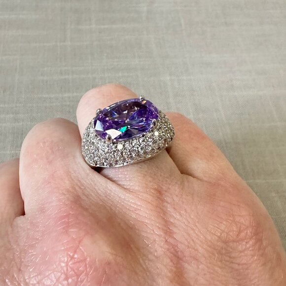 Tanzanite and CZ stones Silver Halo Ring