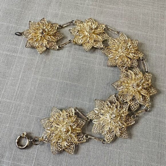 Vintage Silver Large Filigree Flower Linked Bracelet