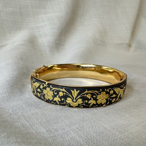 Vintage Damascene Birds and Flowers Hinged Bracelet