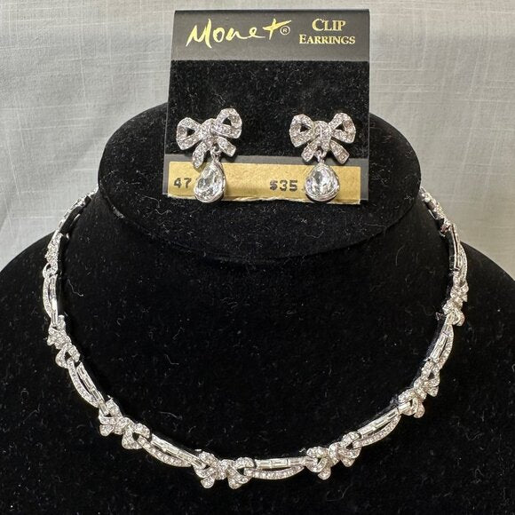 Vintage Monet Demi-Parure Rhinestone Bow Necklace and Clip on Earrings Set