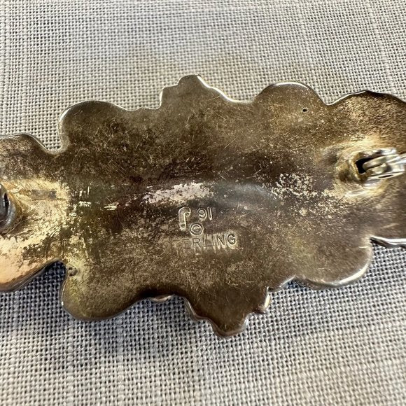 Vintage 1970s Native American Sterling Silver and Gem Stone Brooch