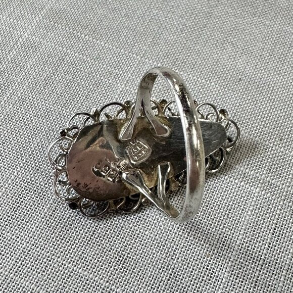 Vintage Mexico Sterling Silver and Green Onyx Teardrop Mask Ring size 7