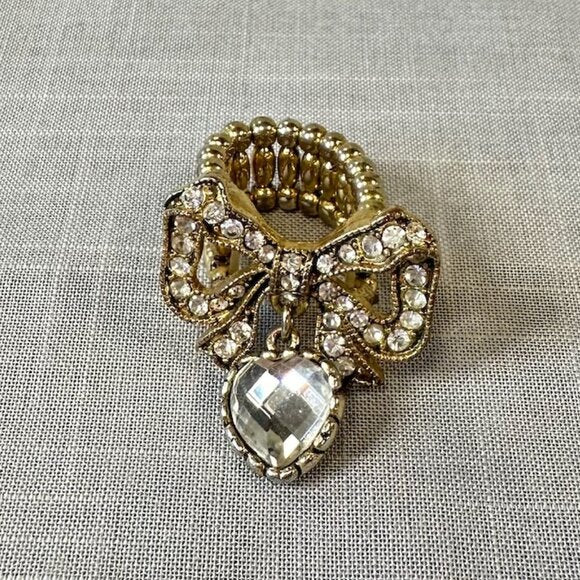 Vintage Betsey Johnson Bow with Rhinestones and Heart Stretch Ring