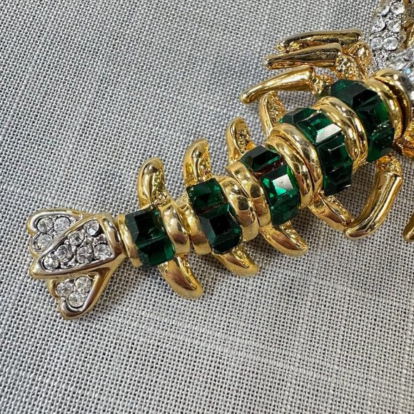 Vintage Articulated Lobster Crayfish Emerald and Clear Crystal Brooch