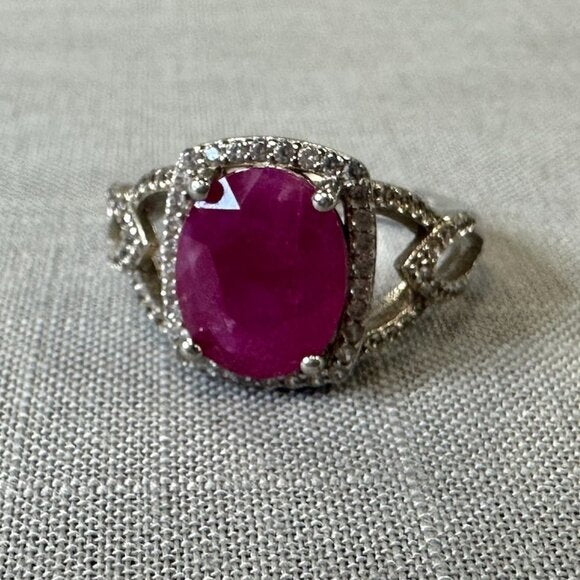 Burmese Ruby Sterling Silver Ring with Diamonds size 6.5