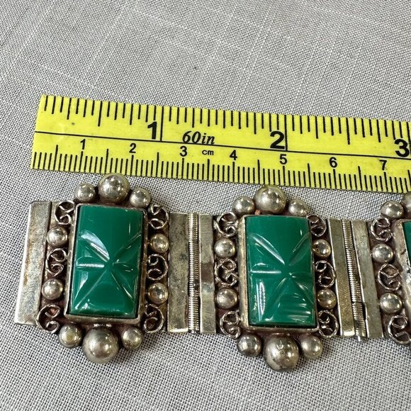 Vintage Mexico Sterling Silver Green Onyx Masks Bracelet
