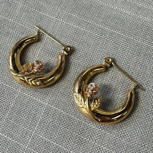 Vintage 14K Gold Hoop Earrings with Roses and Diamond Accent