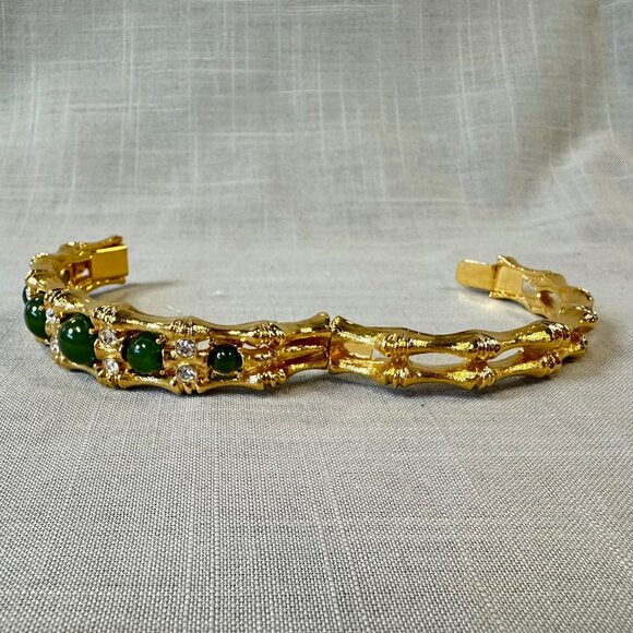 Vintage JBK Camrose & Kross Faux Jade and Gold Tone Bamboo Hinged Bracelet