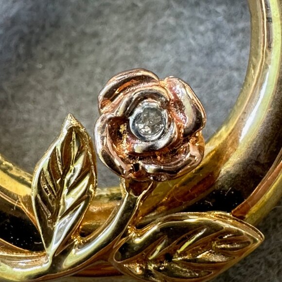 Vintage 14K Gold Hoop Earrings with Roses and Diamond Accent