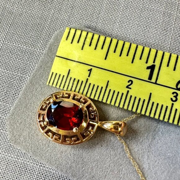 Vintage 10KT Gold Greek Key Design and Garnet Pendant Necklace