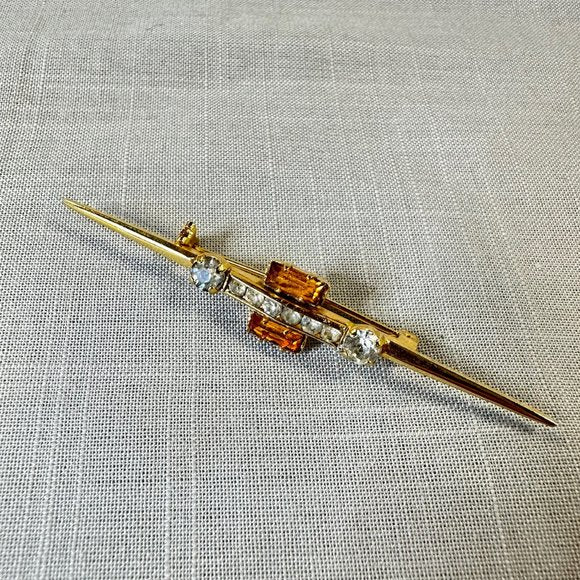 Vintage Antique Made in Austria Gold Bar Pin with Citrine Paste Stones