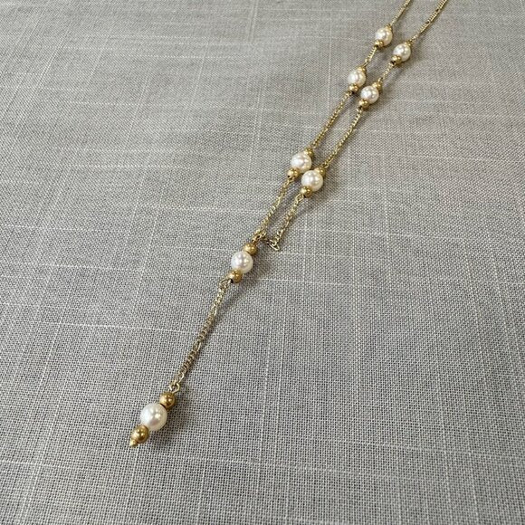 Vintage 10K Gold and Pearl Lariat Necklace