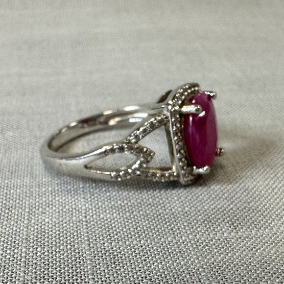 Burmese Ruby Sterling Silver Ring with Diamonds size 6.5