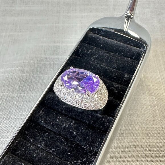 Tanzanite and CZ stones Silver Halo Ring
