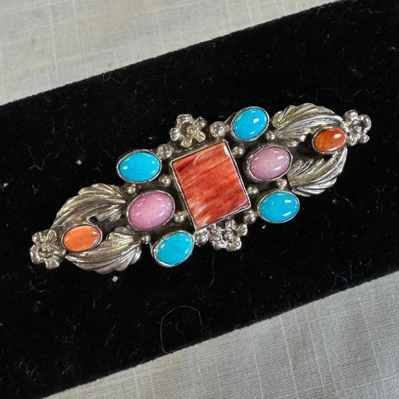 Vintage 1970s Native American Sterling Silver and Gem Stone Brooch