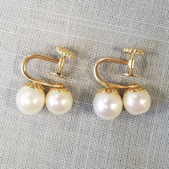 Vintage Double Cultured Pearl and 14K Gold clip-on earrings