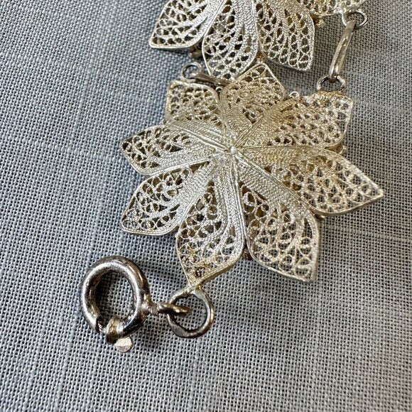 Vintage Silver Large Filigree Flower Linked Bracelet