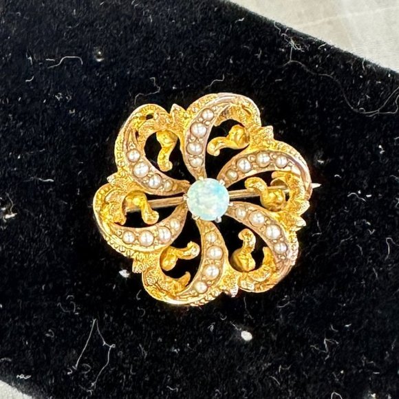 Antique Victorian Gold Opal and seed Pearl Pinwheel Flower Brooch
