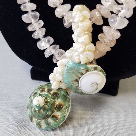 Vintage Rare Pink Quartz Necklace with Turbo Green Shell Pendants