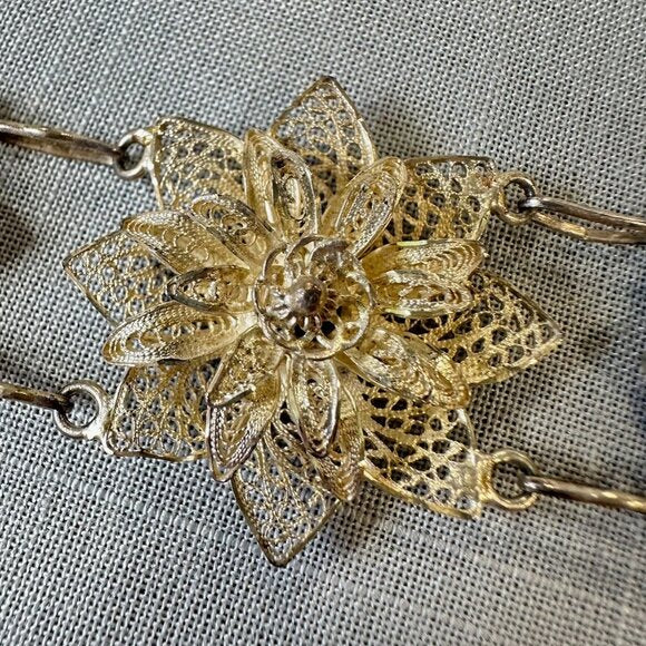 Vintage Silver Large Filigree Flower Linked Bracelet