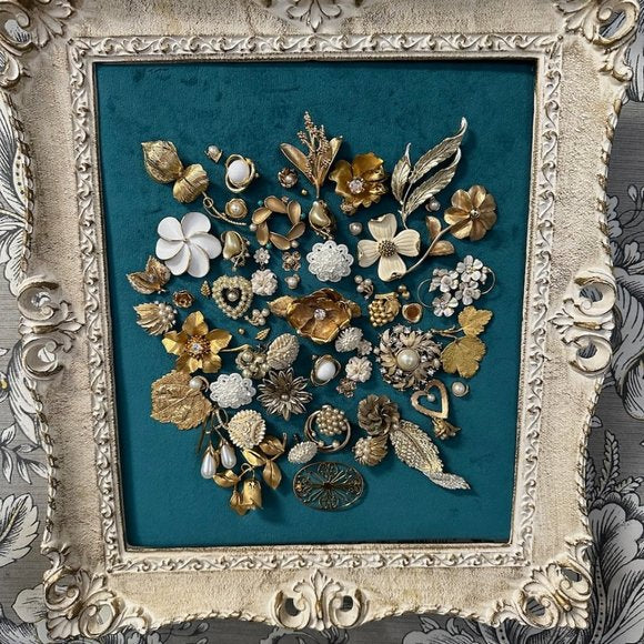 Vintage Jewelry Art Composition in Cream and Gold Framed