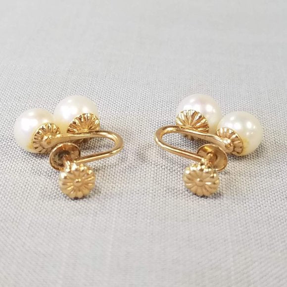 Vintage Double Cultured Pearl and 14K Gold clip-on earrings