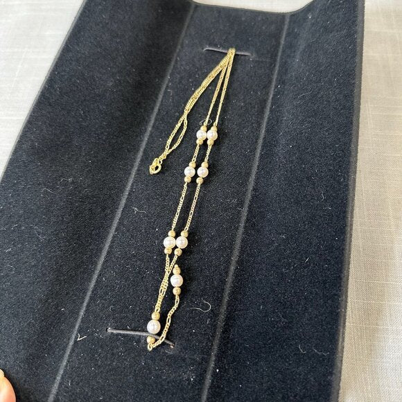 Vintage 10K Gold and Pearl Lariat Necklace