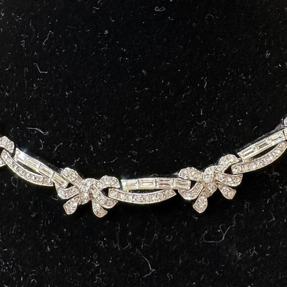 Vintage Monet Demi-Parure Rhinestone Bow Necklace and Clip on Earrings Set