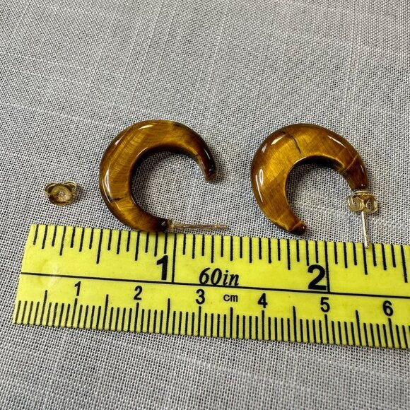 Vintage Tiger Eye C Hoop 14K Gold Earrings