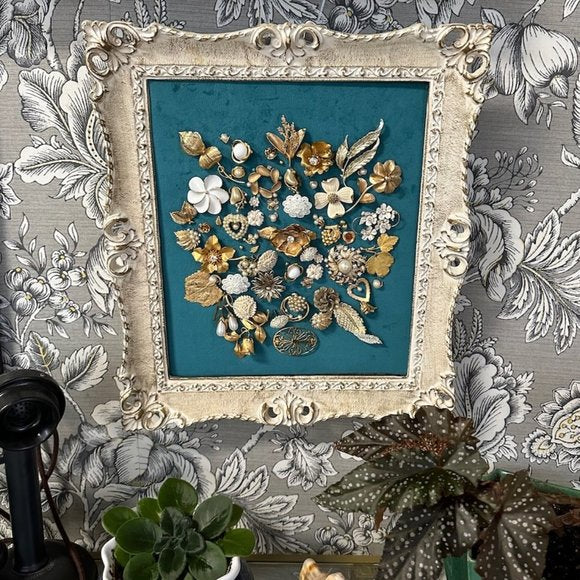 Vintage Jewelry Art Composition in Cream and Gold Framed