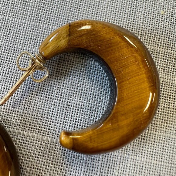 Vintage Tiger Eye C Hoop 14K Gold Earrings