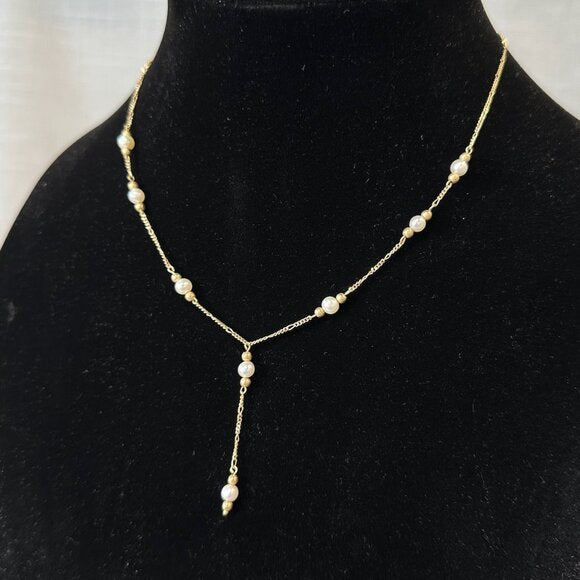 Vintage 10K Gold and Pearl Lariat Necklace