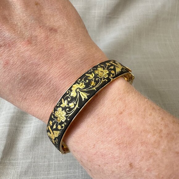Vintage Damascene Birds and Flowers Hinged Bracelet