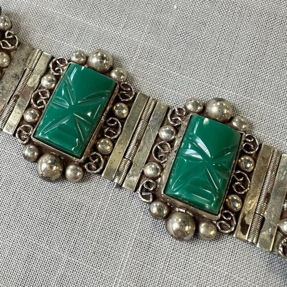 Vintage Mexico Sterling Silver Green Onyx Masks Bracelet