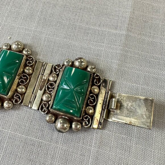 Vintage Mexico Sterling Silver Green Onyx Masks Bracelet