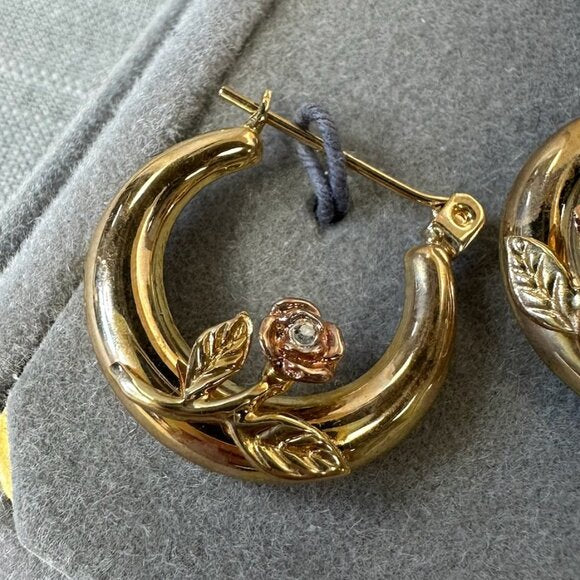 Vintage 14K Gold Hoop Earrings with Roses and Diamond Accent
