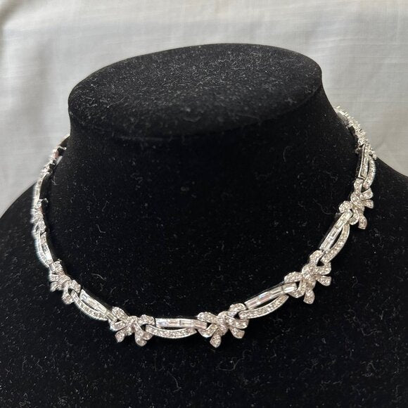 Vintage Monet Demi-Parure Rhinestone Bow Necklace and Clip on Earrings Set