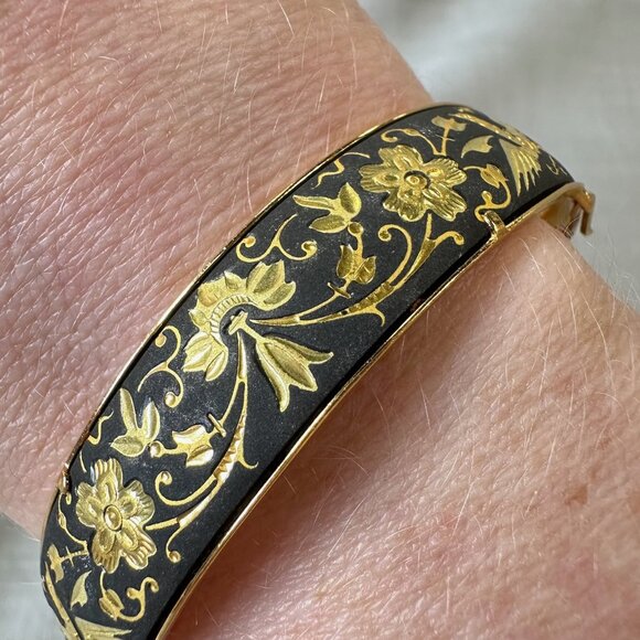 Vintage Damascene Birds and Flowers Hinged Bracelet