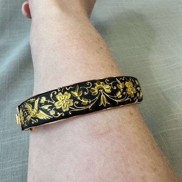 Vintage Damascene Birds and Flowers Hinged Bracelet