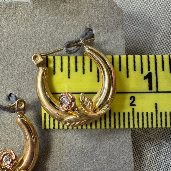 Vintage 14K Gold Hoop Earrings with Roses and Diamond Accent